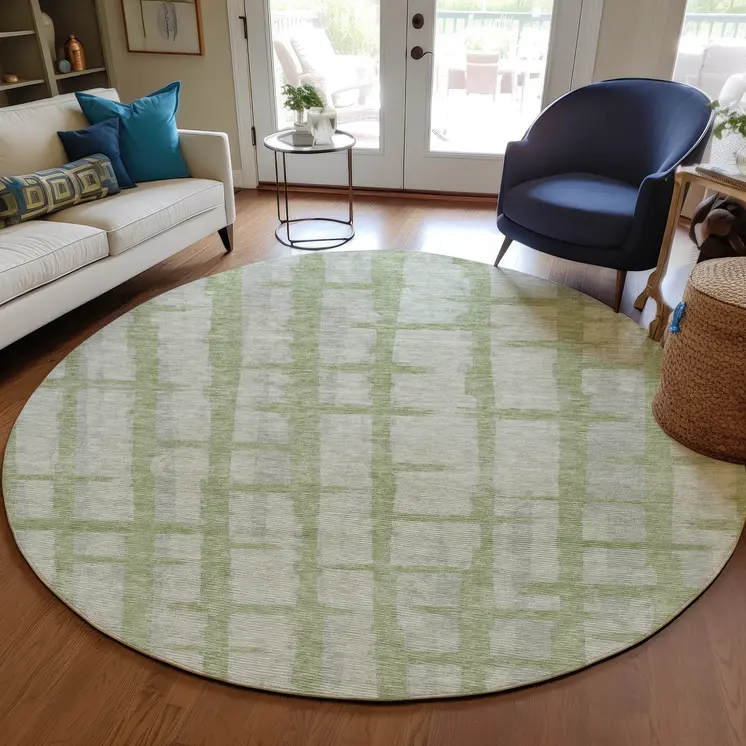 8' Artichoke Green And Gray Round Striped Washable Indoor Outdoor Area Rug