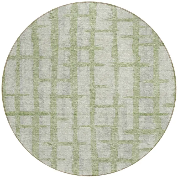 8' Artichoke Green And Gray Round Striped Washable Indoor Outdoor Area Rug