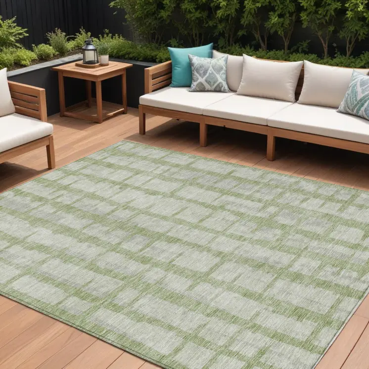 8' X 10' Artichoke Green And Gray Striped Washable Indoor Outdoor Area Rug