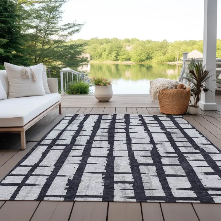 5' X 8' Black Beige And Gray Striped Washable Indoor Outdoor Area Rug