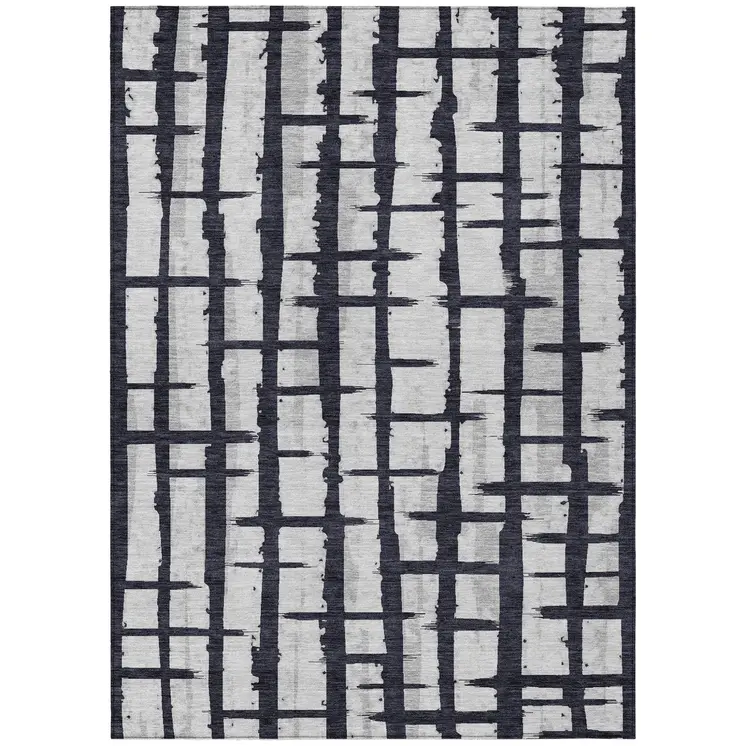 5' X 8' Black Beige And Gray Striped Washable Indoor Outdoor Area Rug