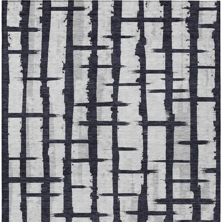 8' X 10' Black Beige And Gray Striped Washable Indoor Outdoor Area Rug