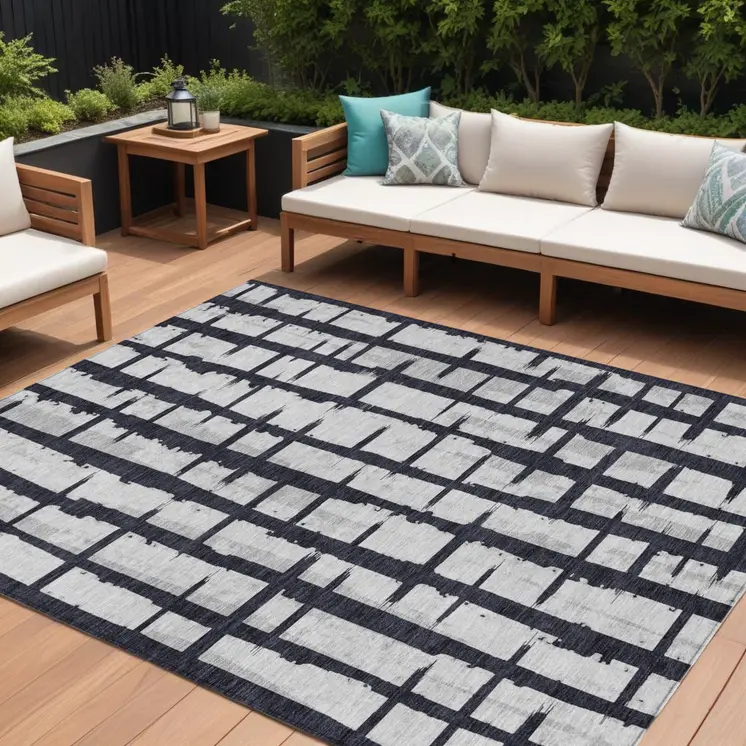 8' X 10' Black Beige And Gray Striped Washable Indoor Outdoor Area Rug