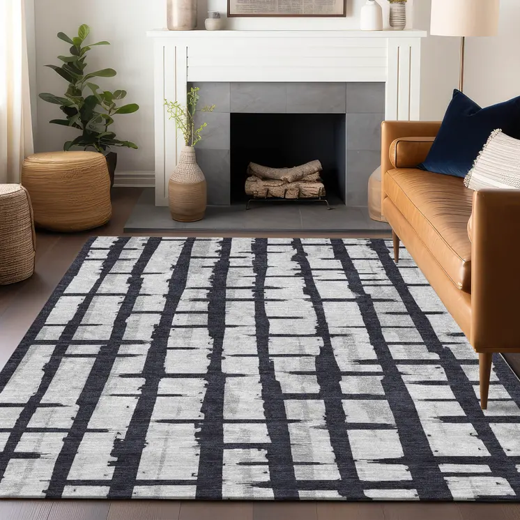 8' X 10' Black Beige And Gray Striped Washable Indoor Outdoor Area Rug
