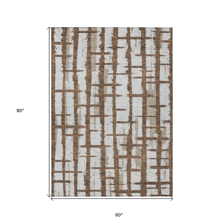5' X 8' Chocolate And Beige Striped Washable Indoor Outdoor Area Rug