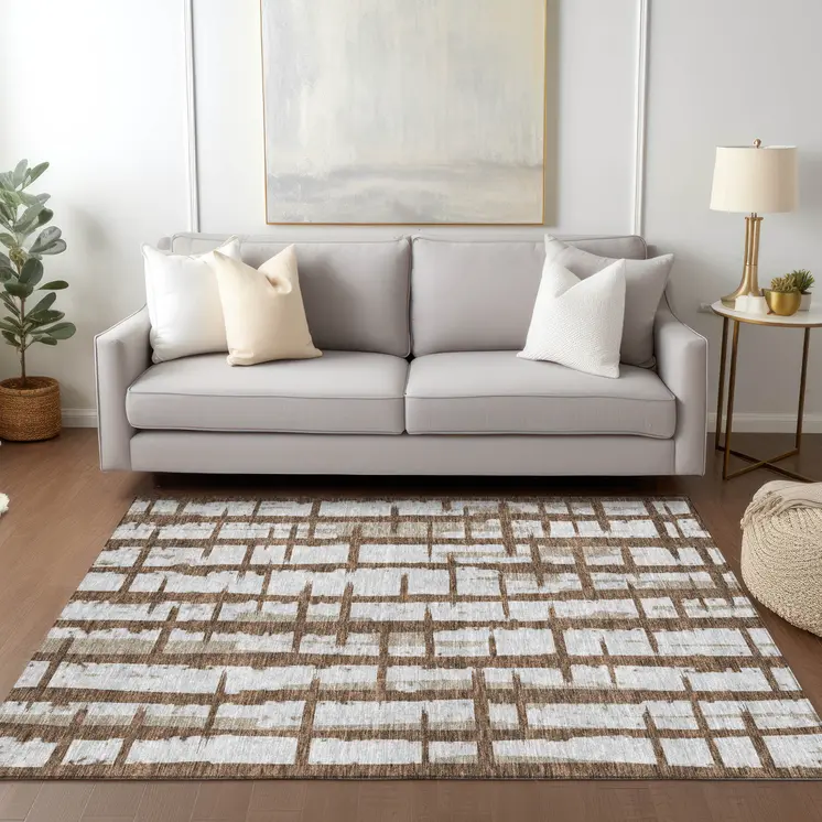 5' X 8' Chocolate And Beige Striped Washable Indoor Outdoor Area Rug