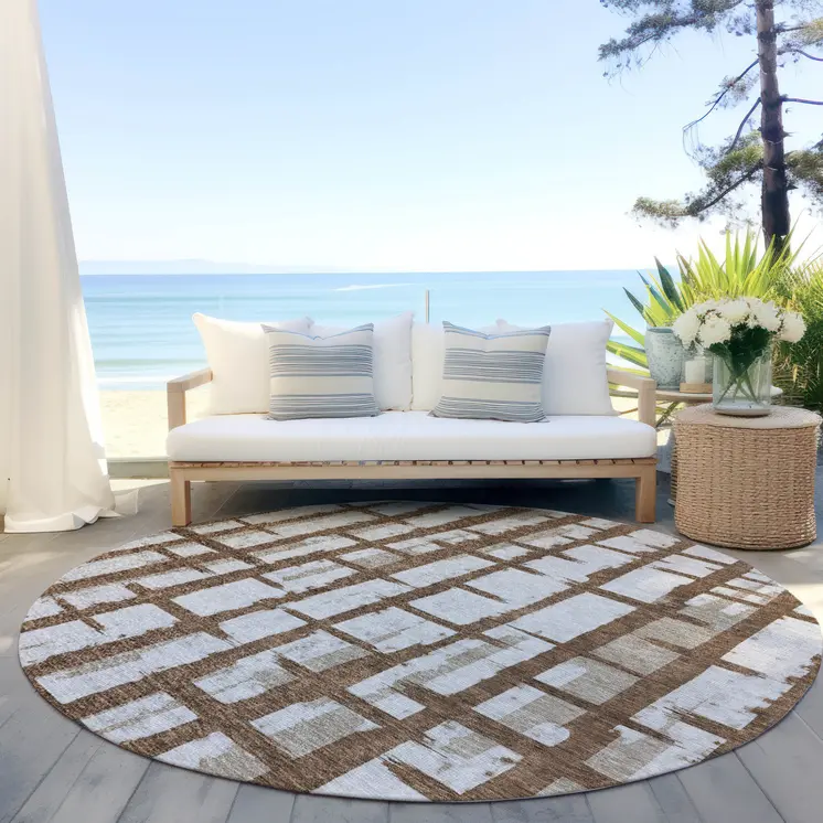 8' Chocolate And Beige Round Striped Washable Indoor Outdoor Area Rug