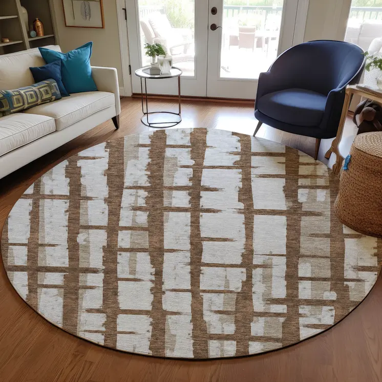 8' Chocolate And Beige Round Striped Washable Indoor Outdoor Area Rug