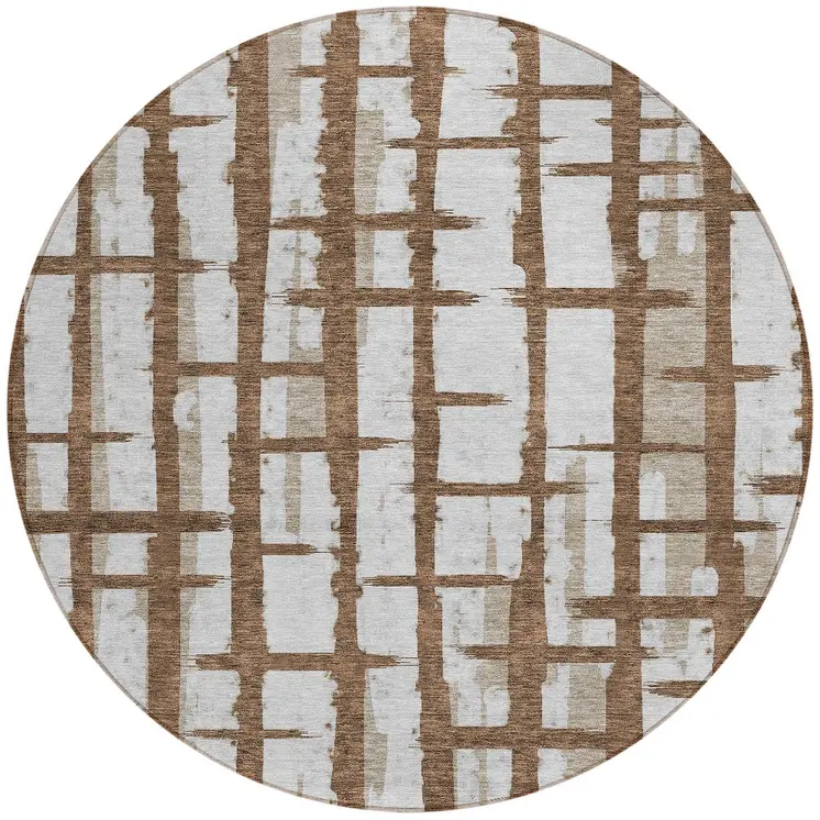 8' Chocolate And Beige Round Striped Washable Indoor Outdoor Area Rug