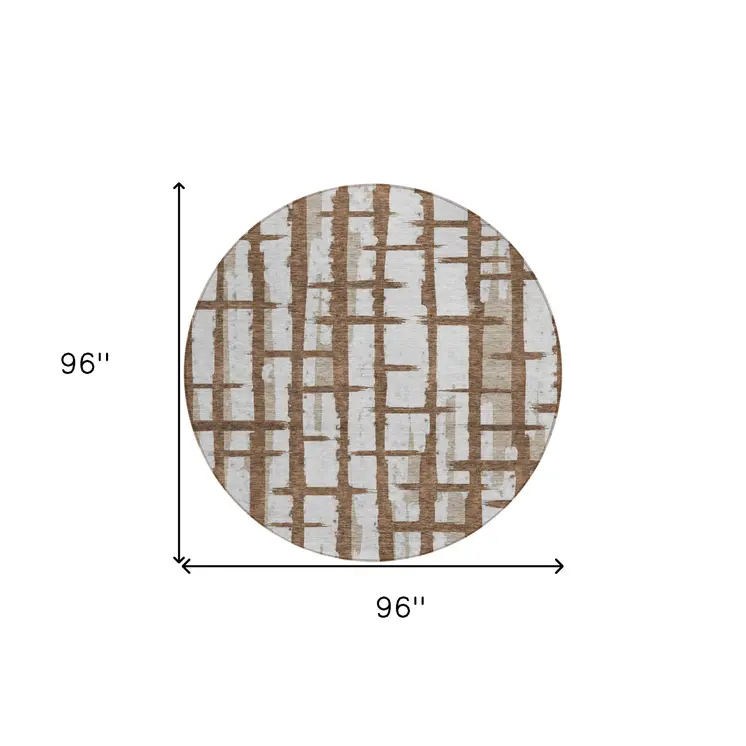 8' Chocolate And Beige Round Striped Washable Indoor Outdoor Area Rug
