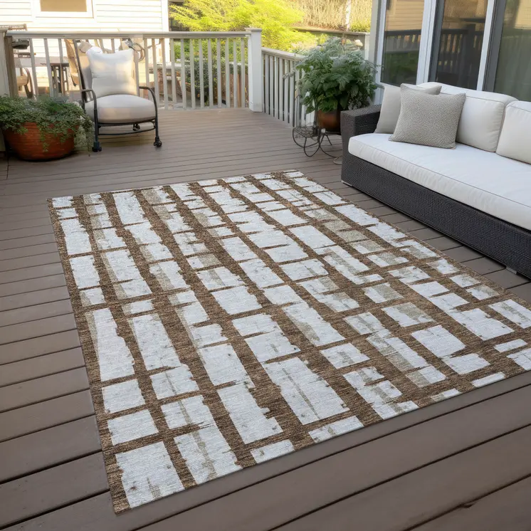 8' X 10' Chocolate And Beige Striped Washable Indoor Outdoor Area Rug