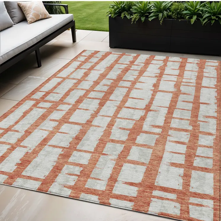 5' X 8' Coral And Gray Striped Washable Indoor Outdoor Area Rug
