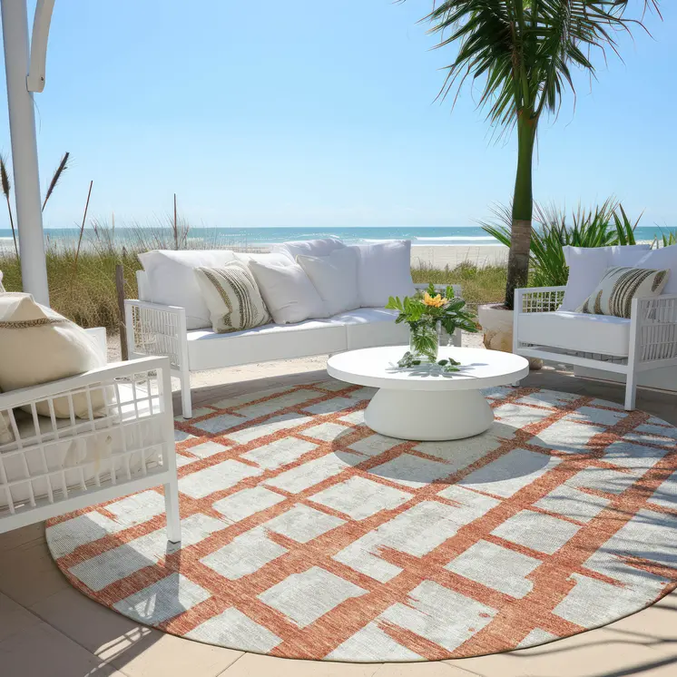 8' Coral And Gray Round Striped Washable Indoor Outdoor Area Rug