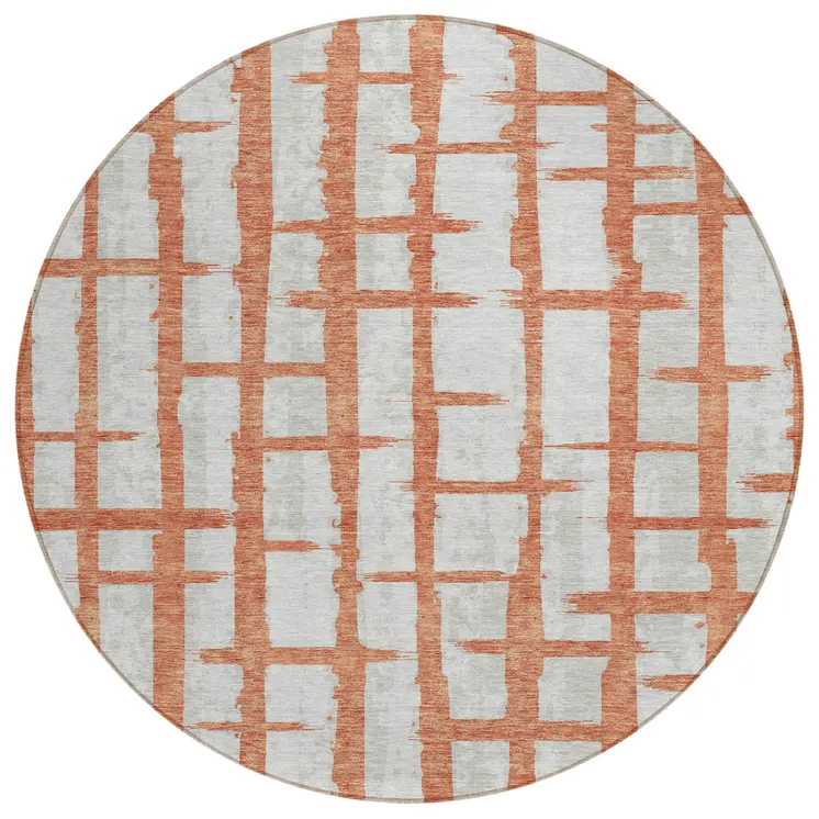 8' Coral And Gray Round Striped Washable Indoor Outdoor Area Rug
