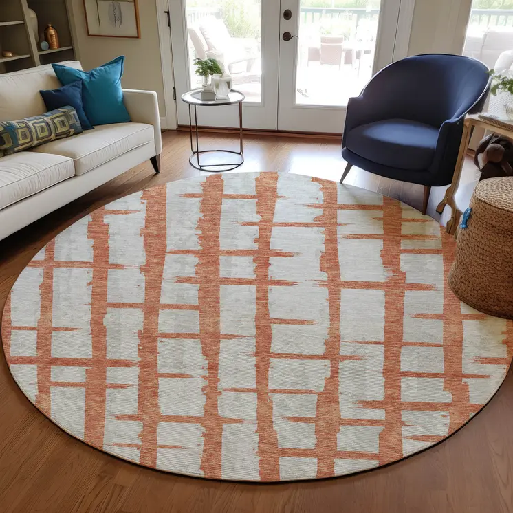 8' Coral And Gray Round Striped Washable Indoor Outdoor Area Rug