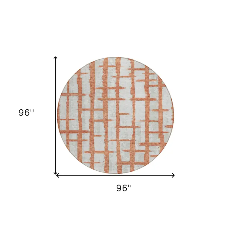 8' Coral And Gray Round Striped Washable Indoor Outdoor Area Rug