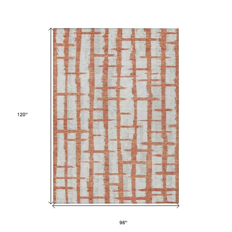 8' X 10' Coral And Gray Striped Washable Indoor Outdoor Area Rug
