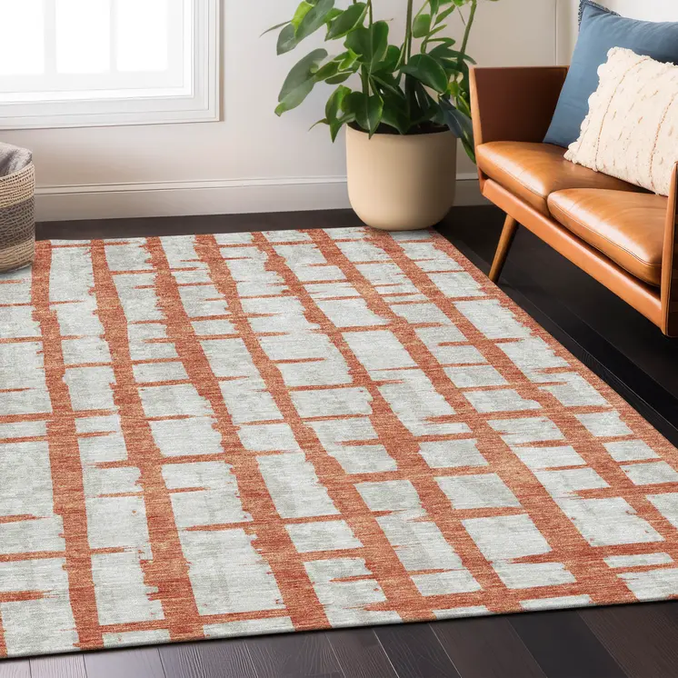 8' X 10' Coral And Gray Striped Washable Indoor Outdoor Area Rug