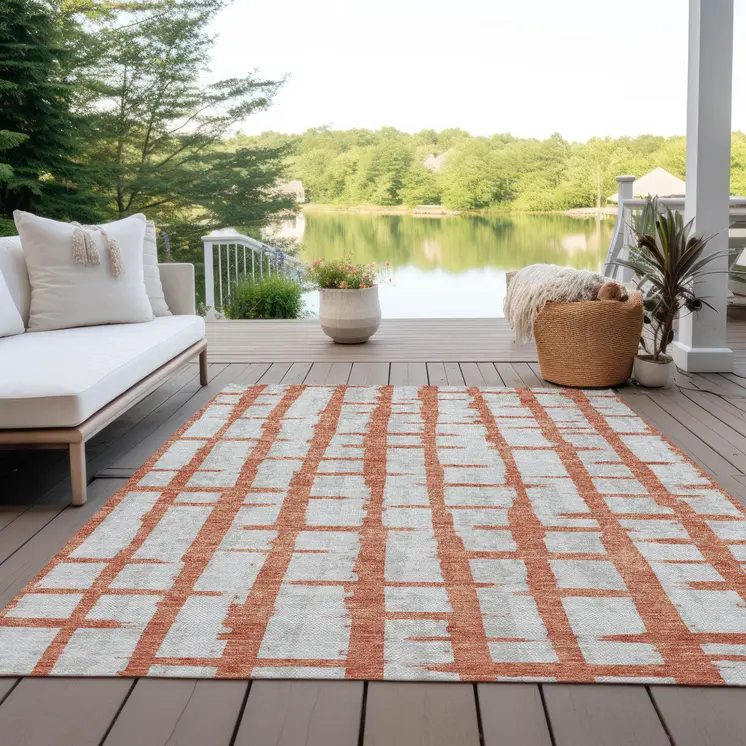 9' X 12' Coral And Gray Striped Washable Indoor Outdoor Area Rug