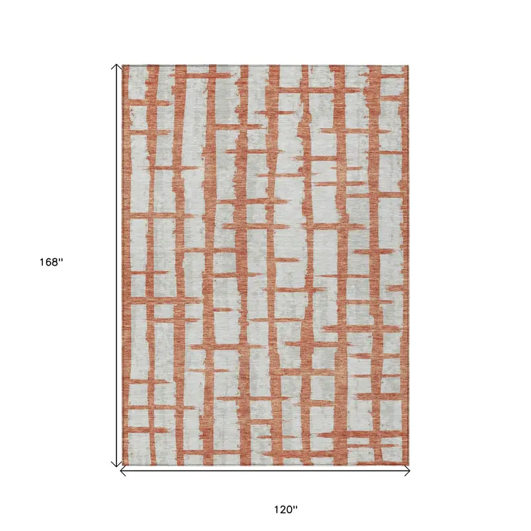 10' X 14' Coral And Gray Striped Washable Indoor Outdoor Area Rug