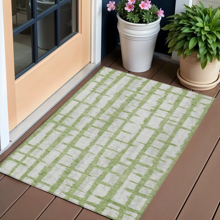 3' X 5' Green And Gray Striped Washable Indoor Outdoor Area Rug