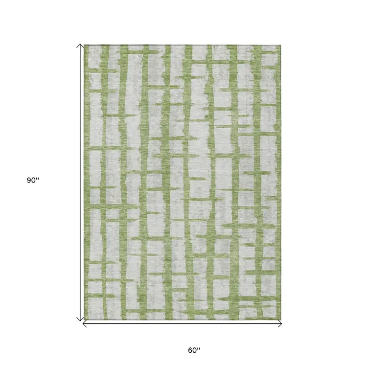 5' X 8' Green And Gray Striped Washable Indoor Outdoor Area Rug