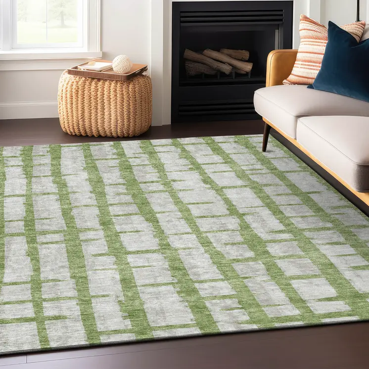 5' X 8' Green And Gray Striped Washable Indoor Outdoor Area Rug