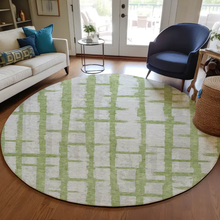 8' Green And Gray Round Striped Washable Indoor Outdoor Area Rug