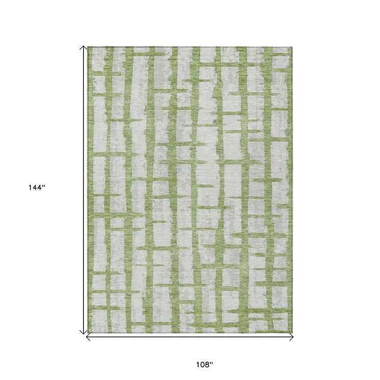 9' X 12' Green And Gray Striped Washable Indoor Outdoor Area Rug