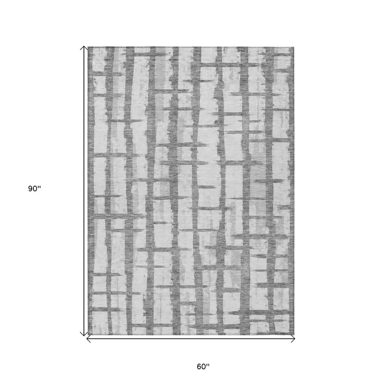 5' X 8' Gray And Ivory Striped Washable Indoor Outdoor Area Rug