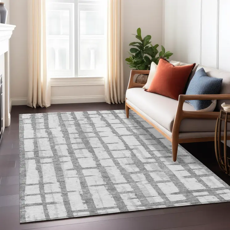 5' X 8' Gray And Ivory Striped Washable Indoor Outdoor Area Rug