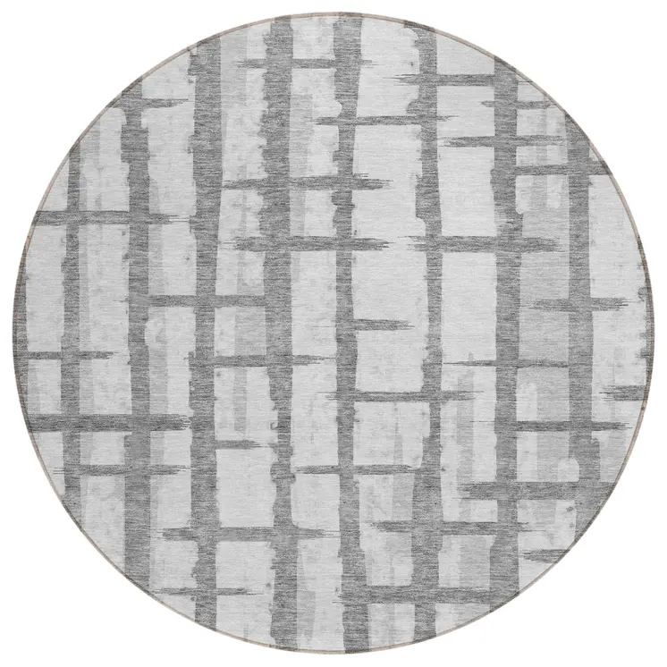 8' Gray And Ivory Round Striped Washable Indoor Outdoor Area Rug