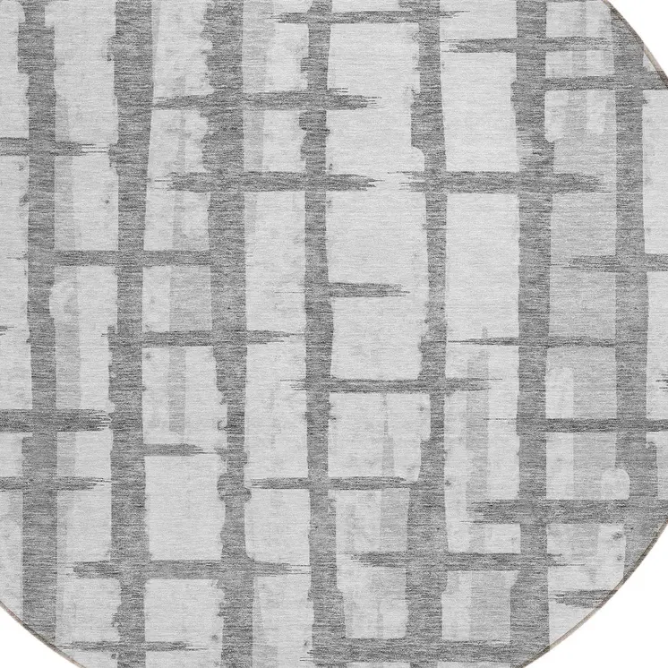 8' Gray And Ivory Round Striped Washable Indoor Outdoor Area Rug