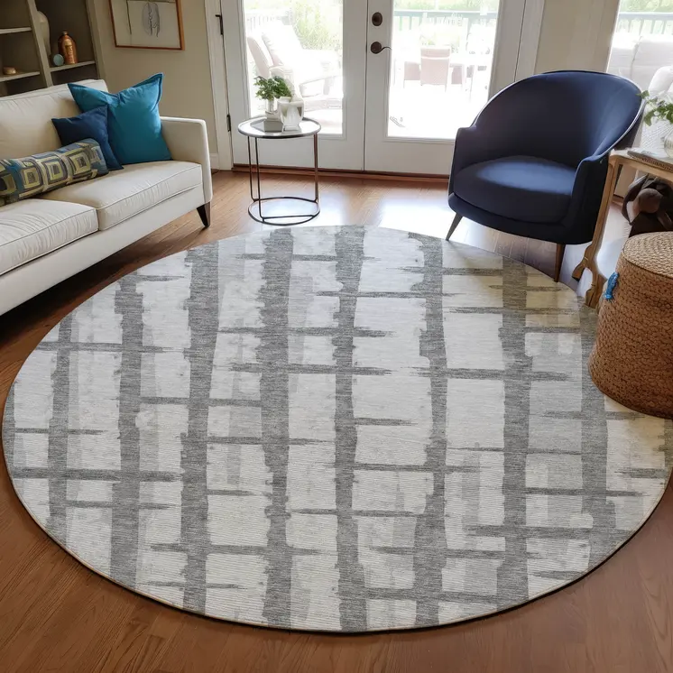 8' Gray And Ivory Round Striped Washable Indoor Outdoor Area Rug