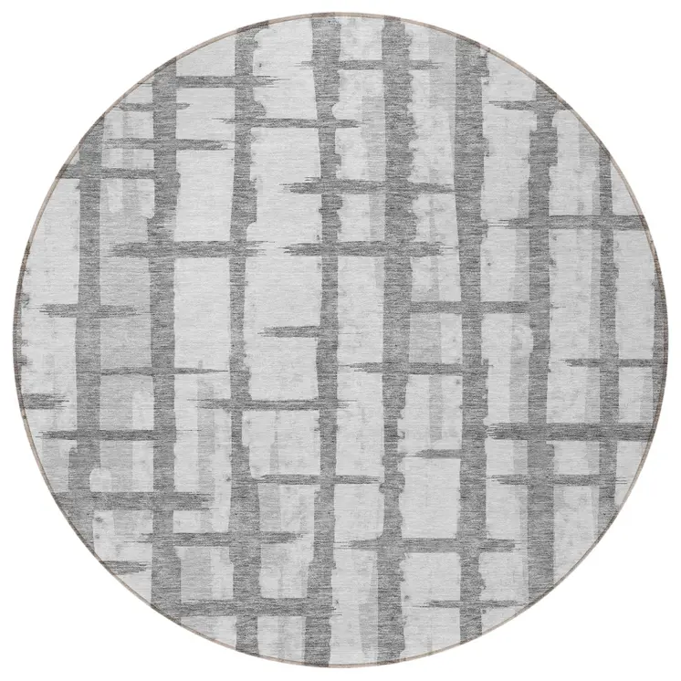 8' Gray And Ivory Round Striped Washable Indoor Outdoor Area Rug