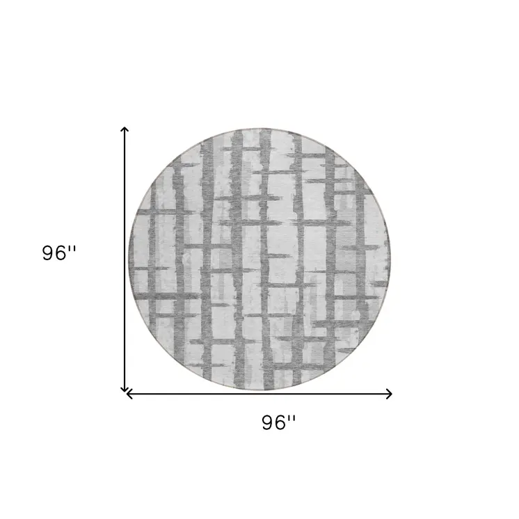 8' Gray And Ivory Round Striped Washable Indoor Outdoor Area Rug
