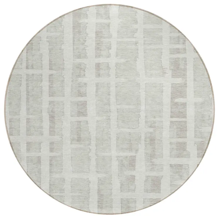8' Ivory And Gray Round Striped Washable Indoor Outdoor Area Rug