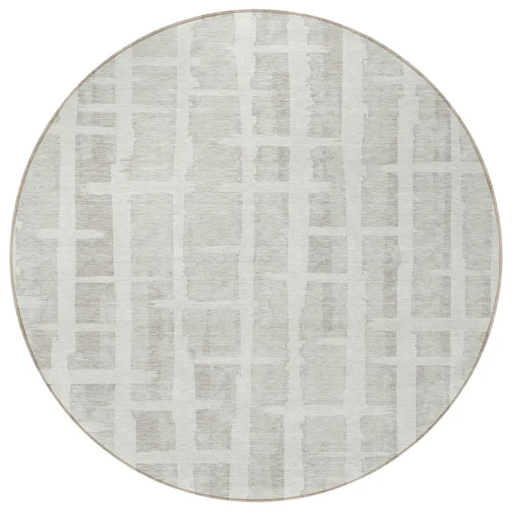 8' Ivory And Gray Round Striped Washable Indoor Outdoor Area Rug