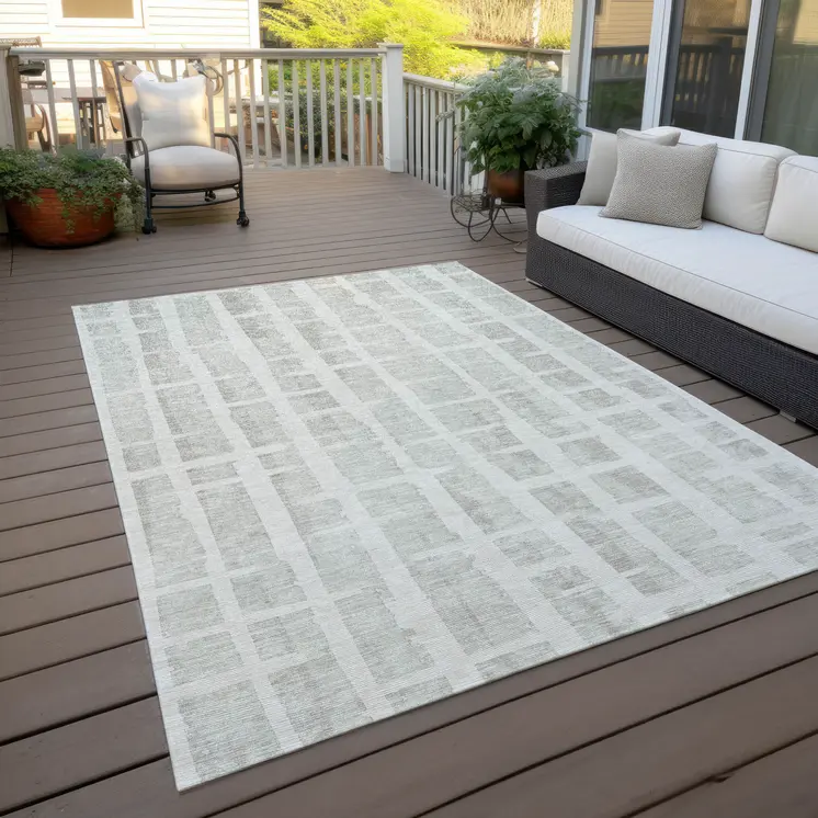 10' X 14' Ivory And Gray Striped Washable Indoor Outdoor Area Rug