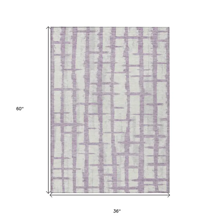 3' X 5' Lavender And Ivory Striped Washable Indoor Outdoor Area Rug