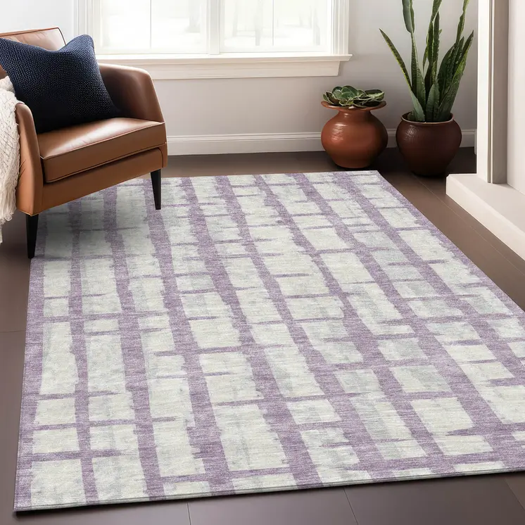 3' X 5' Lavender And Ivory Striped Washable Indoor Outdoor Area Rug