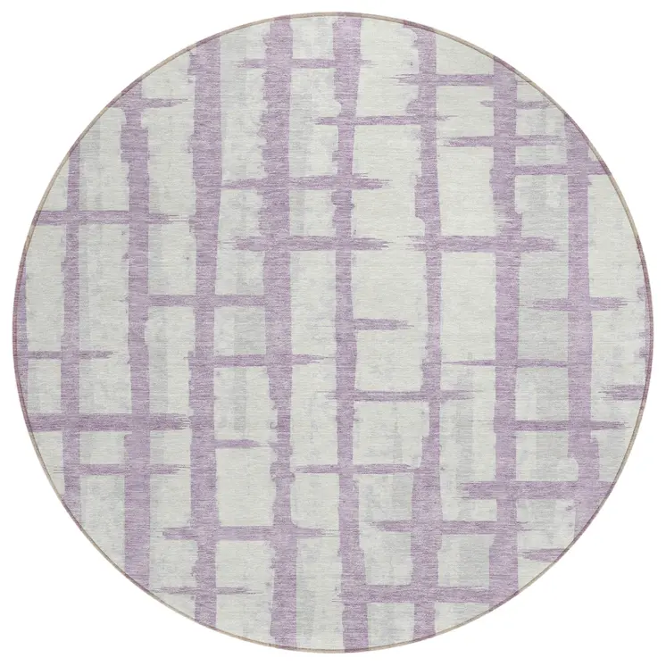 8' Lavender And Ivory Round Striped Washable Indoor Outdoor Area Rug