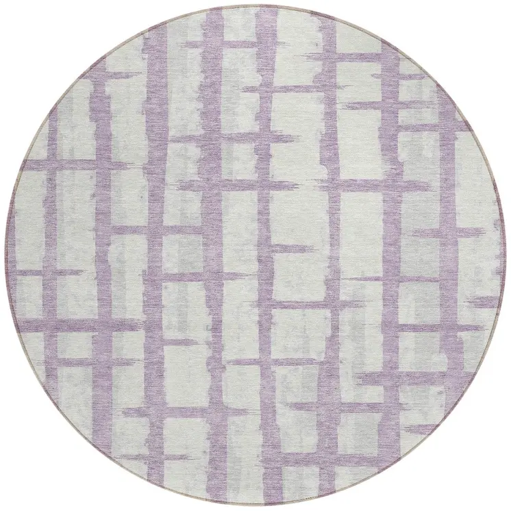8' Lavender And Ivory Round Striped Washable Indoor Outdoor Area Rug