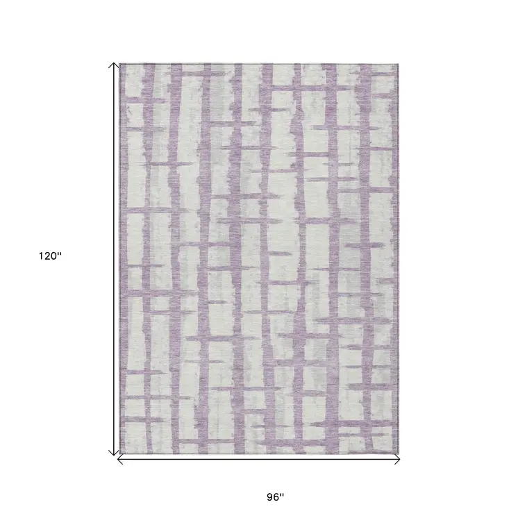 8' X 10' Lavender And Ivory Striped Washable Indoor Outdoor Area Rug