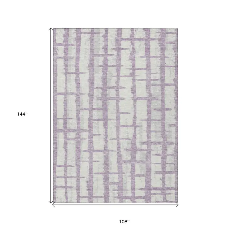 9' X 12' Lavender And Ivory Striped Washable Indoor Outdoor Area Rug