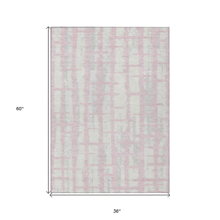 3' X 5' Pink Gray And Ivory Striped Washable Indoor Outdoor Area Rug