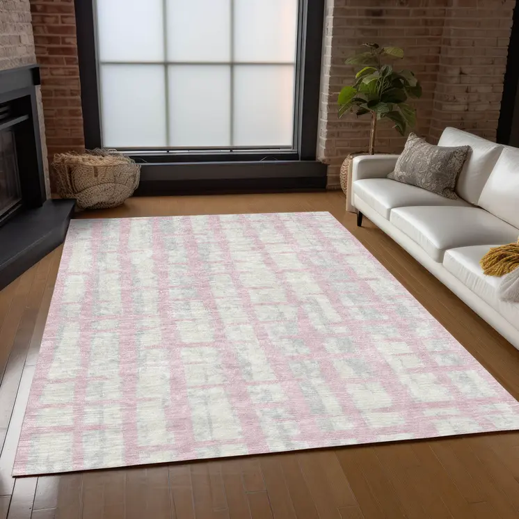 3' X 5' Pink Gray And Ivory Striped Washable Indoor Outdoor Area Rug
