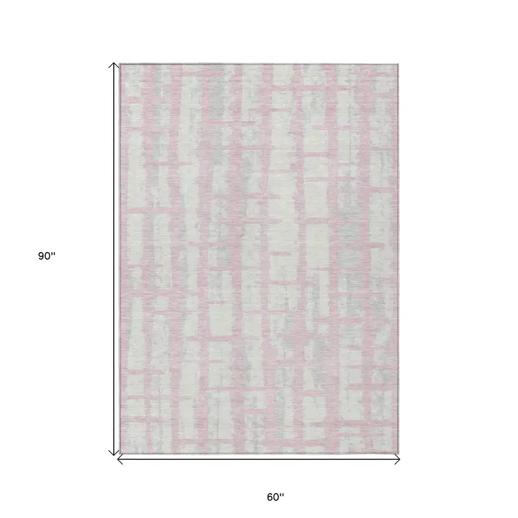 5' X 8' Pink Gray And Ivory Striped Washable Indoor Outdoor Area Rug