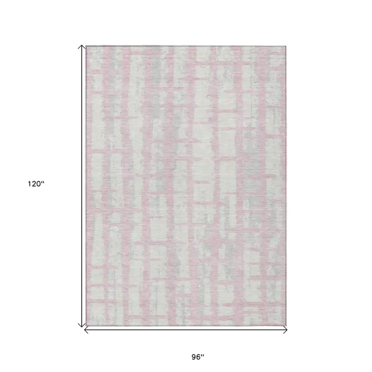 8' X 10' Pink Gray And Ivory Striped Washable Indoor Outdoor Area Rug