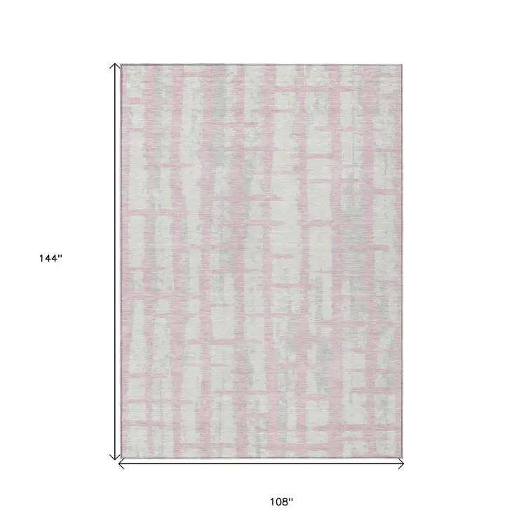 9' X 12' Pink Gray And Ivory Striped Washable Indoor Outdoor Area Rug